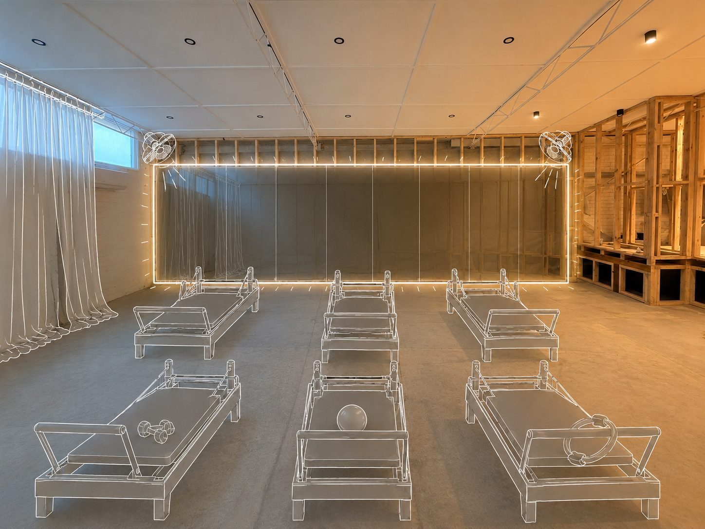 The new Sandringham studio mid-build, with the finished fit-out drawn over the raw space